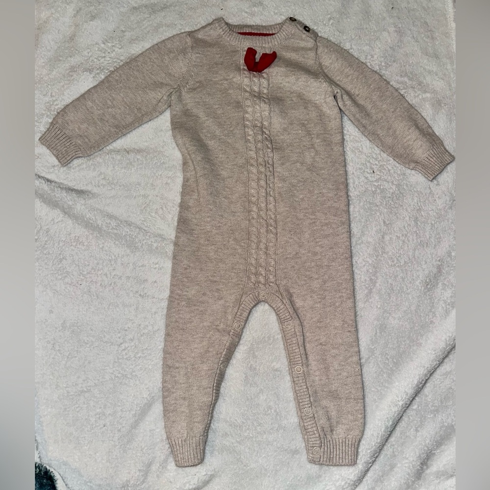 Cat & Jack Cream Knit One Piece with Red Bow